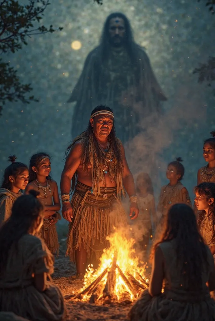 "An indigenous elder with wrinkled skin and wise eyes, dressed in ceremonial costumes made of leather and feathers, tells the st...