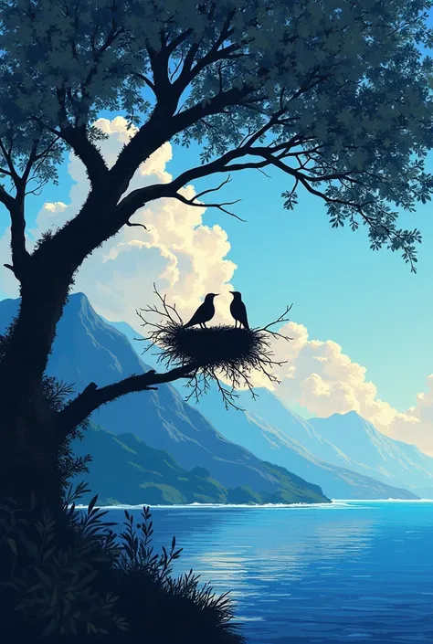 A sillhouette painting of a bird in a nest up in the tree and the background is morning with mountains on the left beneath the t...