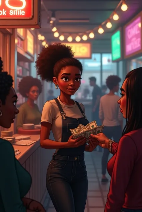 A young black lady paying cash to an angry black woman