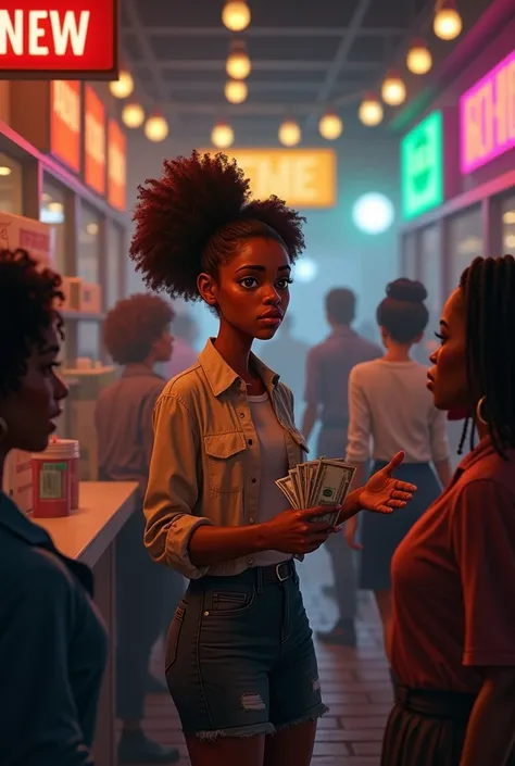 A young black lady paying cash to an angry black woman