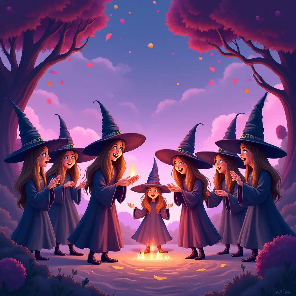 1 group of cartoon witches are having a party, purple scenery