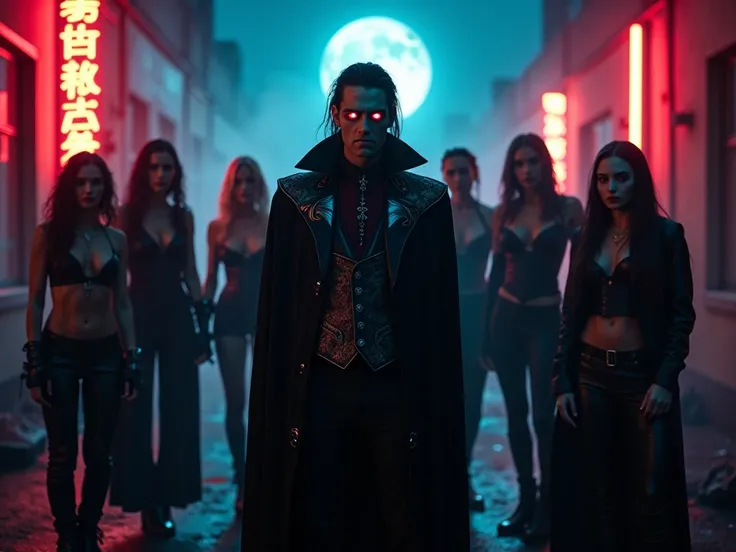 8K Ultra HD image of a vampire gang with a clear ring leader, standing in a cinematic, urban nighttime scene—dark alley or rooft...