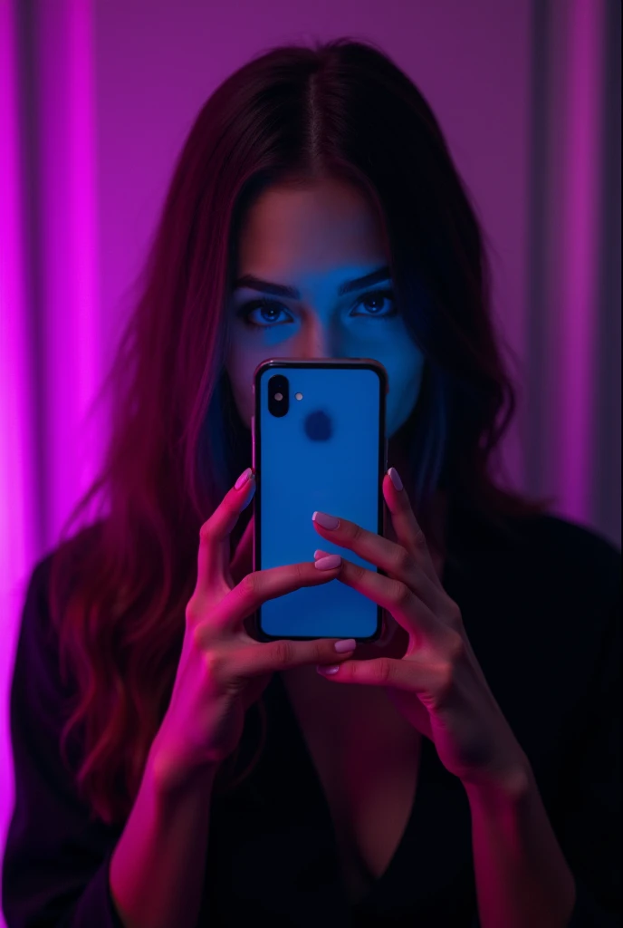 Photo in front of a long-haired woman holding a cell phone in front of her face, hiding it , in a room with purple light. phot...