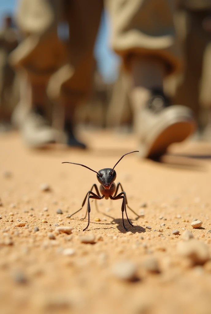 A close-up of a small, frightened ant running across the sandy ground. The ant looks distressed, with its tiny legs moving rapid...
