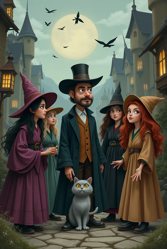 Witches, professor, grey cat with a tophat, medieval city, book illustration in the style of Paul by.