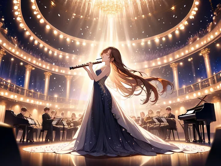 An 18-year-old girl with long brown hair, gracefully playing the flute at a grand concert hall.
Background: A beautifully illum...