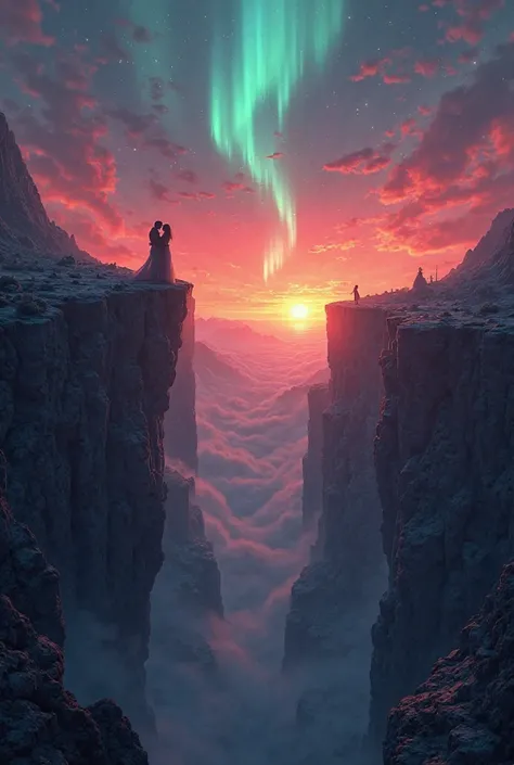 sunset , with three-dimensional landscape, With Aurora Borealis with a couple on the edge of a ravine embracing watching the en...