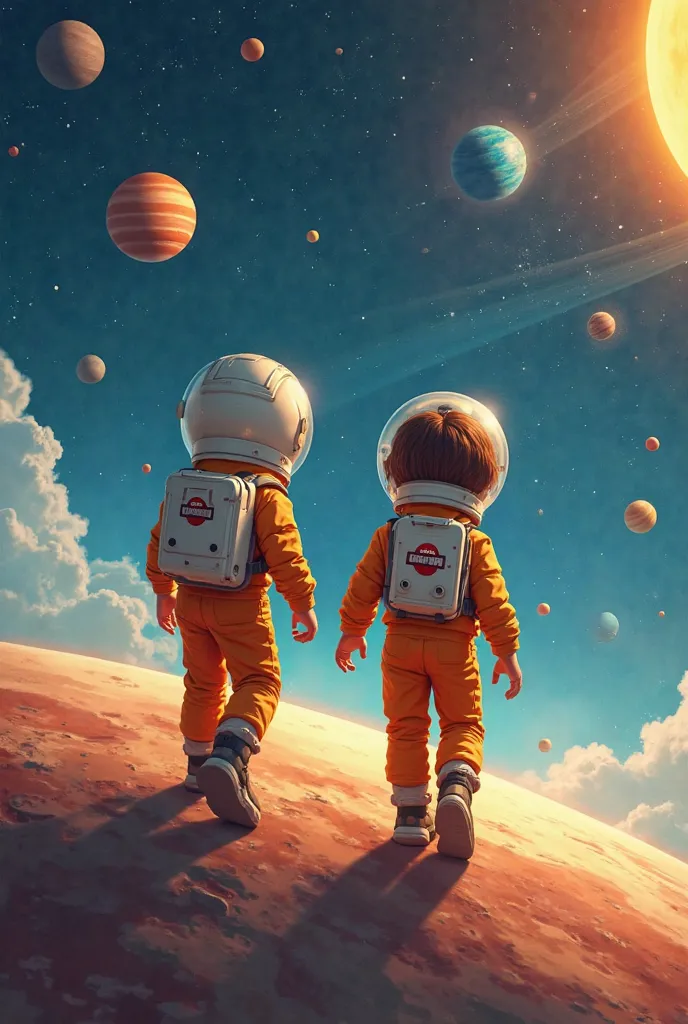 I want a picture of 2 boys touring the solar system, a boy with brown hair and a , playing and that they have their backs to th...