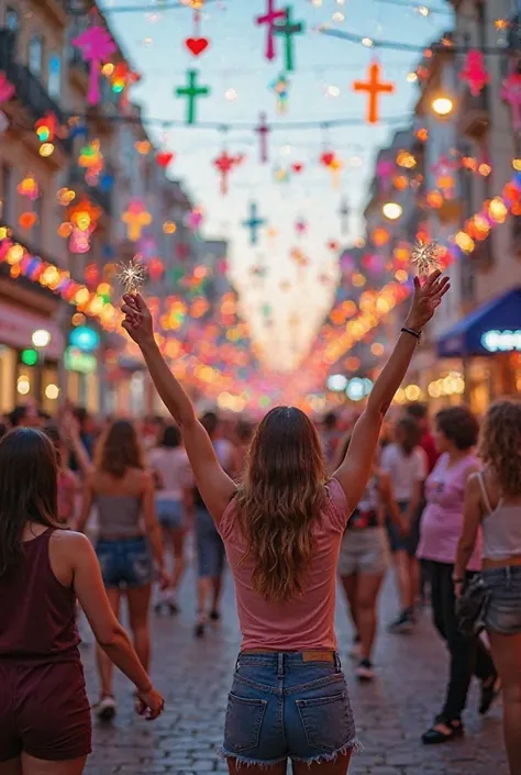 on a vibrant, colorful city street festival, with mixed nationality people of all ages and backgrounds dancing and having fun, s...