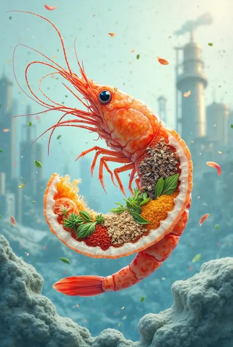 A creative and visually engaging cover design illustrating the concept of recycling shrimp shells into valuable products. The im...