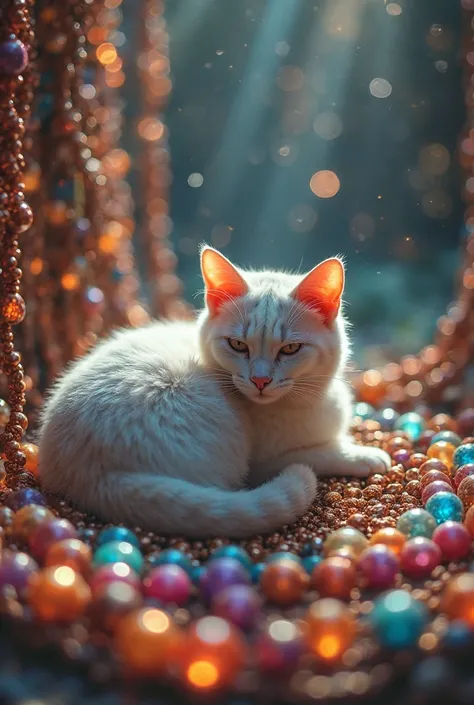 A coiled cat lying in bead necklaces