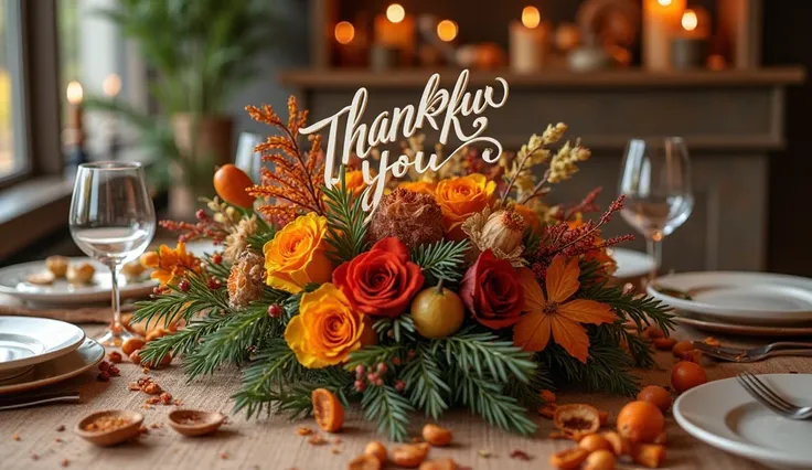 A close-up of a Thanksgiving table with a "Thank You" centerpiece.