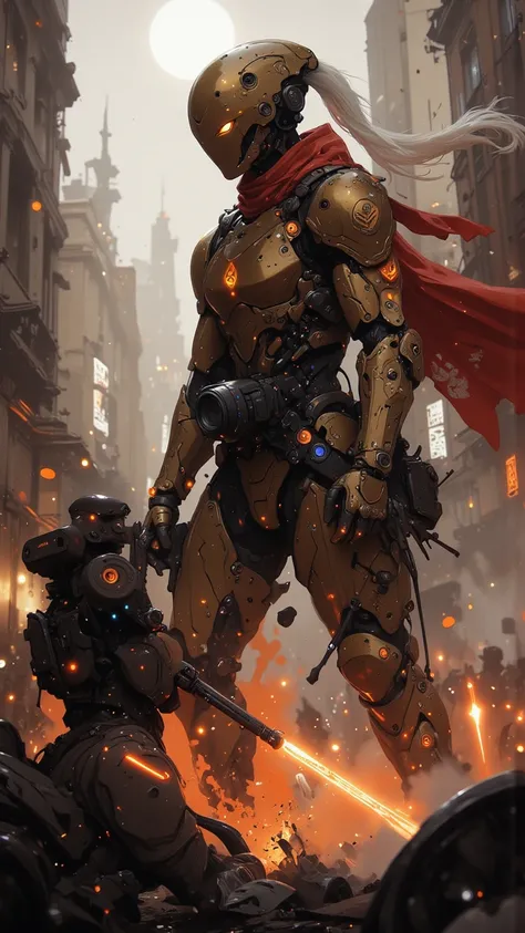 A towering mechanical gladiator robot stands in a full-body frame (1.4 scale), its intricately crafted metallic shell—a fusion o...