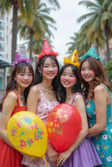 5 Korean beauties with cheerful clown face makeup are posing together outdoors , against the background of coconut trees and tal...