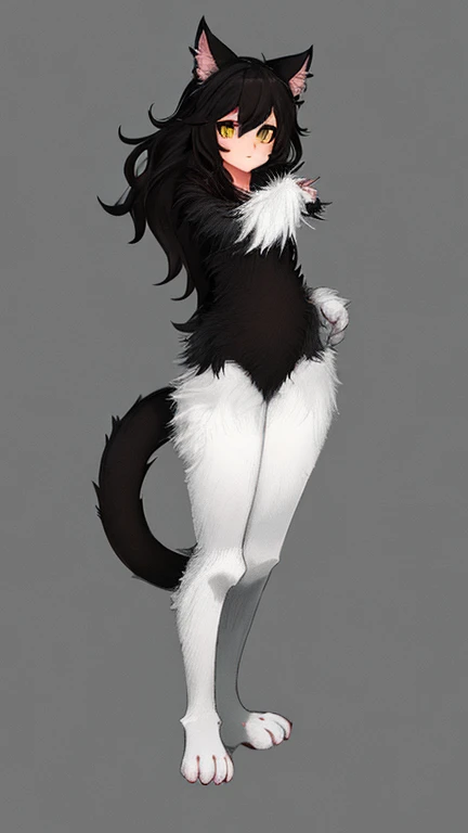 1girl, solo, cute, cat-girl, anthro, black hair, fluffy tail, random pose, High Resolution, Masterpiece, Anatomically Correct, D...