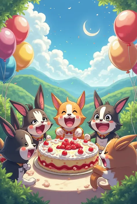 Several animated ren celebrating 76th anniversary of the tricolor magazine, with a cake and balloons with a beautiful landscape