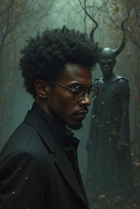 Crée moi un wallpaper d’un mec black avec un petit Afro + lunettes un peu solitaire avec le diable derrière lui
