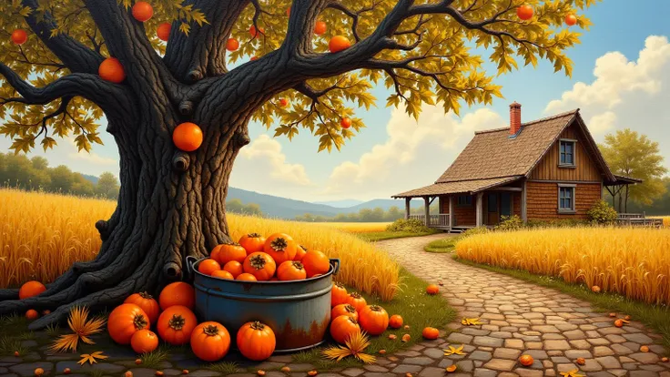 "Rural persimmon oil painting, rich warm palette, impasto brushwork, gnarled tree trunk with cracked texture, leaves thickly pai...