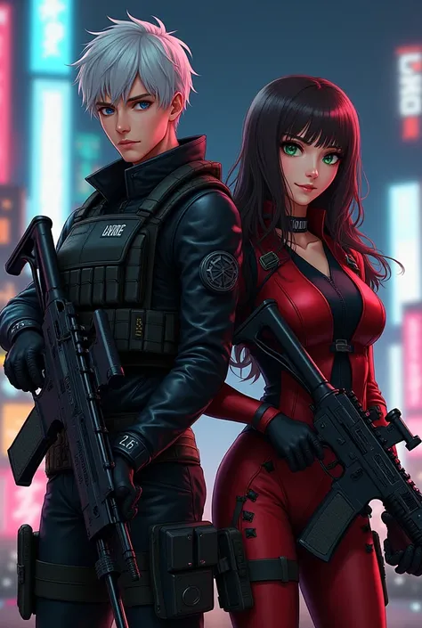 A male and female character inspired by legendary firearms. The male character represents a powerful sniper rifle, with short si...