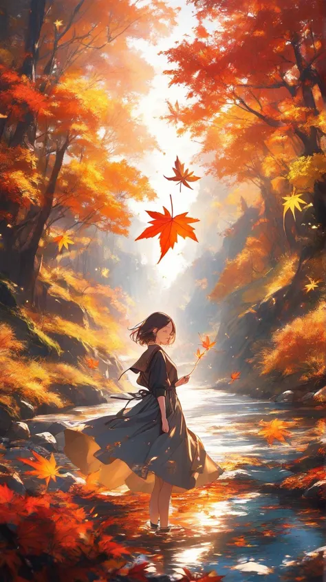 A young woman writing negative thoughts on a leaf floating down a river, slowly drifting away. A serene autumn landscape with vi...