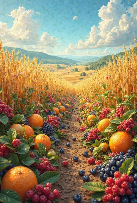 Field with lots of fruits and wheat