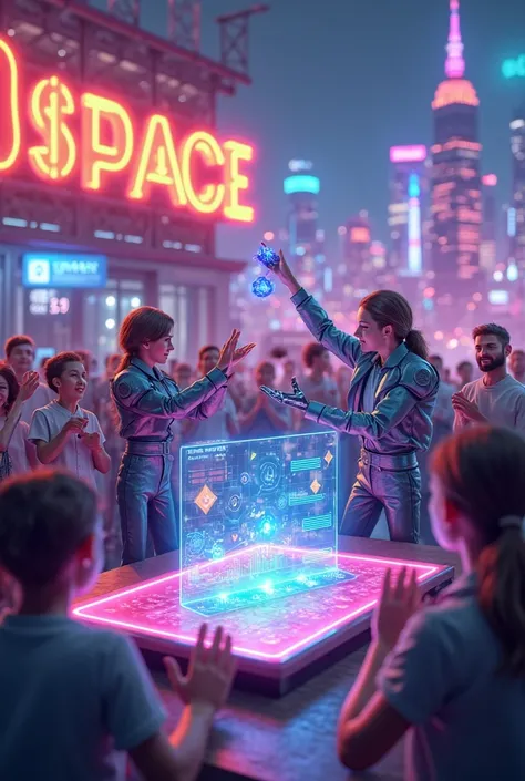 A highly detailed, futuristic 3D digital scene showing a glowing NFT marketplace called "$SPAACE" in the background. In the fore...