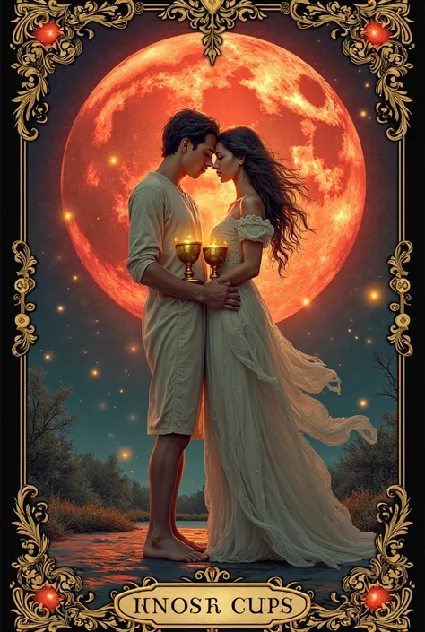 Tarot Card "Two of Cups" in a beautiful frame, on it, a couple of lovers are holding two gold cups, in red fire, against the bac...