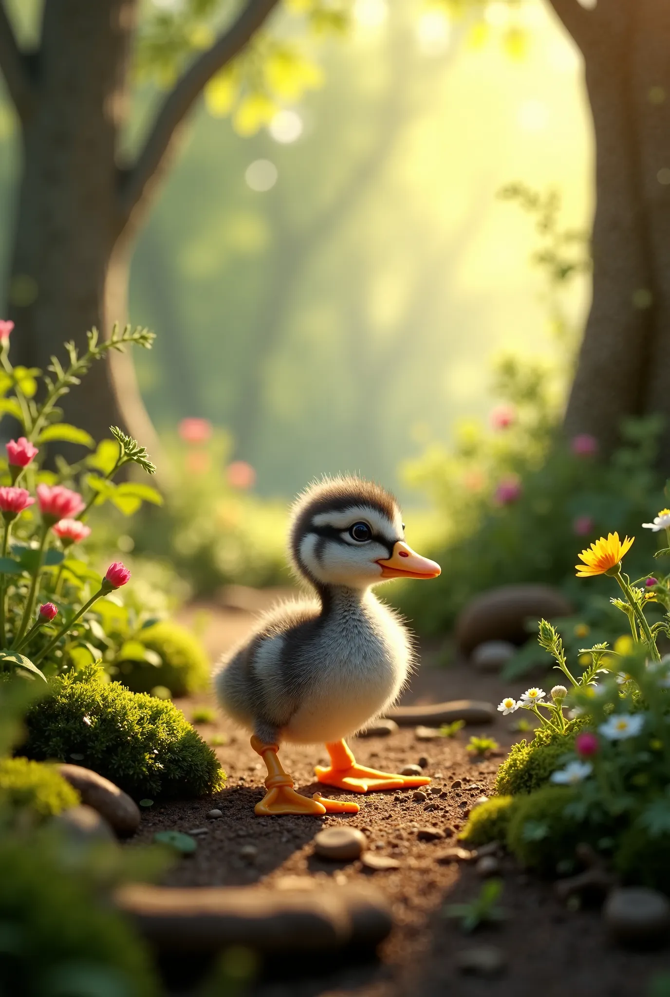 A baby duck in a forest. Finding his mother