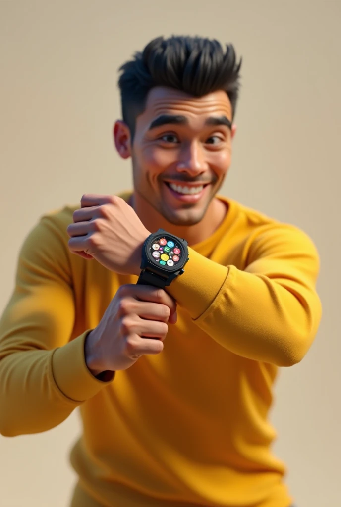 I need an image that represents a realistic person, Fighting with a watch, icons the person is wearing yellow, black and orange...