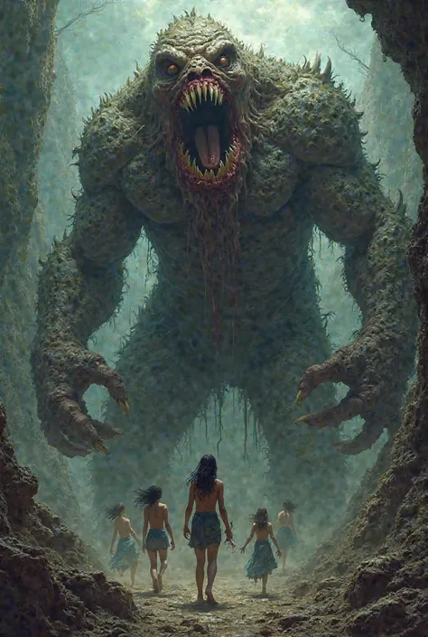 Titan rising from underground looking very creepy and ugly grabing two women naked and eaten them