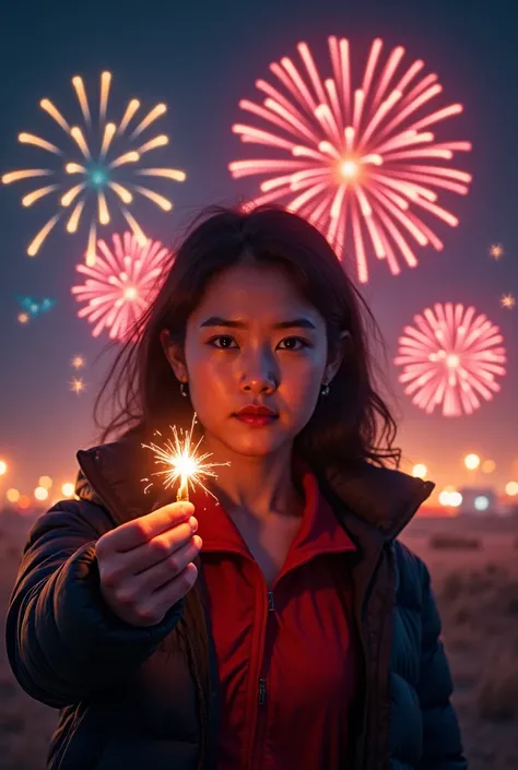 Fireworks in the background and in the foreground a person holding a firecracker