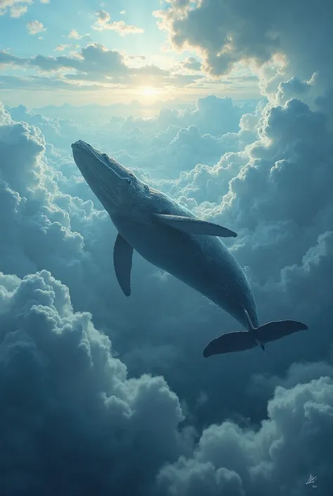 View of the sky in the clouds and from above, a whale flying high around clouds above the sea. Very pronounced light effects. G...