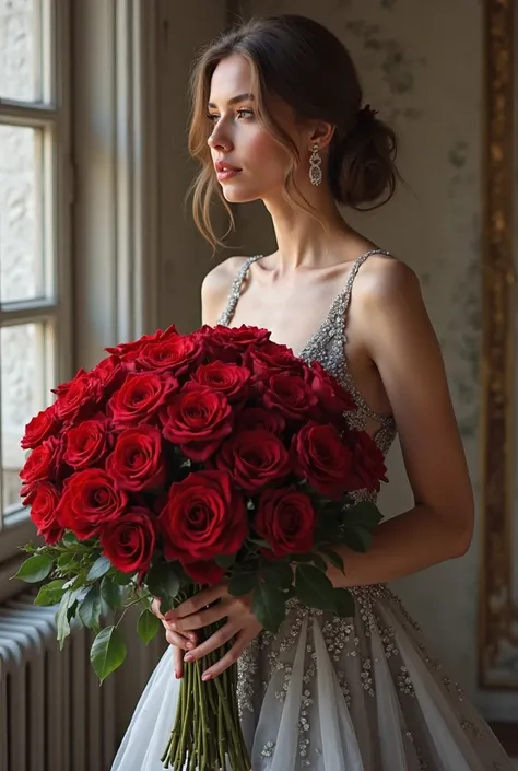 arafed woman in a silver dress holding a large bouquet of roses, with flowers, 1614572159, dasha taran, huge flowers, very wow, ...