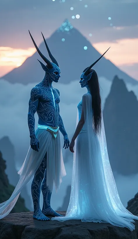 A graceful Na’vi-inspired wind-avatar couple stands in front of a floating mountain, their bioluminescent markings resembling sw...