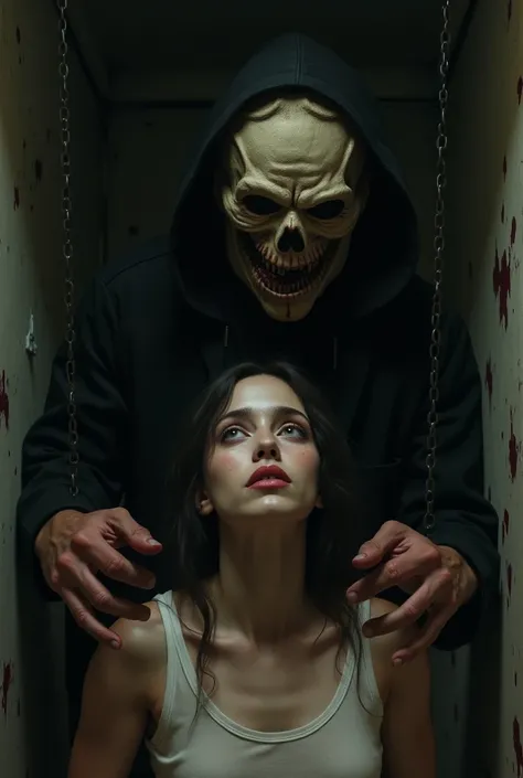 A very beautiful woman trapped in a chair by a man wearing a panic mask
