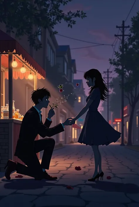 Giving her a rose instead of just holding her hand but she is looking towards the bakery and a mansion in the background