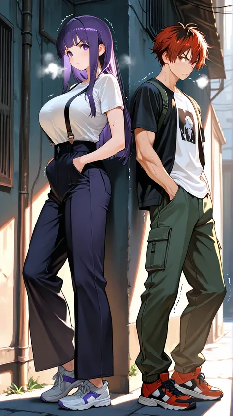 Stark, Fern, 1 boy, A girl, tall woman, medium to large breasts, trembling body, purple hair, Short sleeve t-shirt, suspenders ...