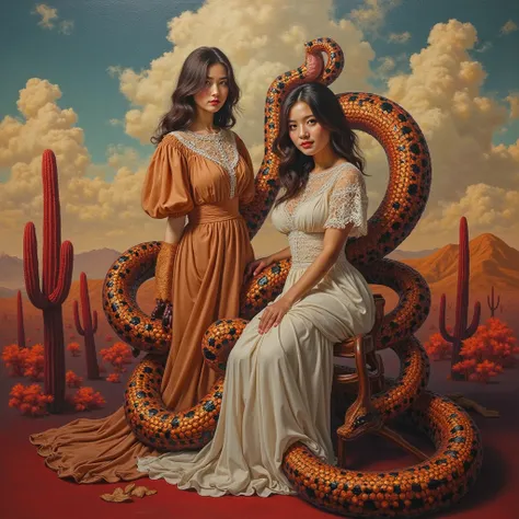 A highly colorful detailed surreal oil painting with a rich red underpainting, providing warmth and depth while allowing the ful...