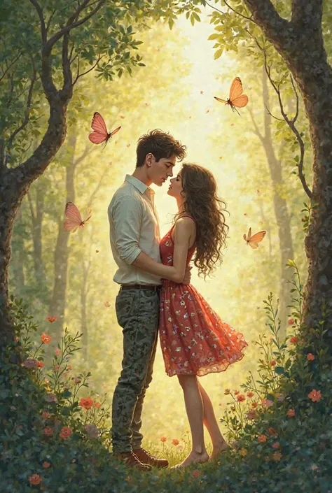 A couple in the woods almost kissing with butterflies flying around the couple in drawing-style pants