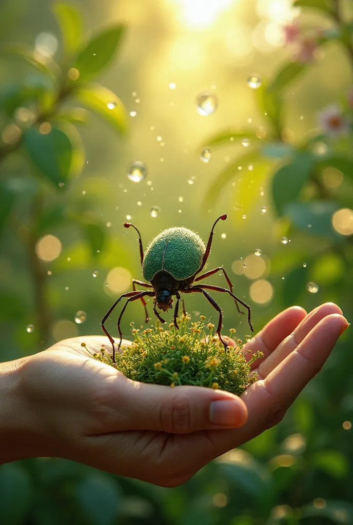 Pov showing his hands and seeing that he is 5 cm in the size of 5 cm miniatures and surrounding a huge garden, with giant flower...