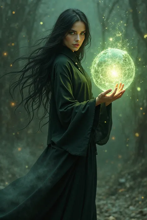 woman, green eyes, black long hair, black jacket with wide sleeves, Flared pants , Magic shadow ball