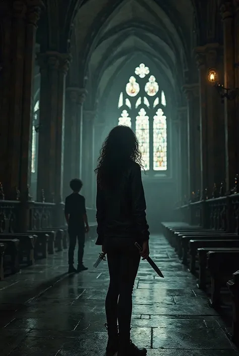 Create a dramatic image of the interior of a Gothic cathedral, steeped in shadow and mystery. The towering columns and intricate...