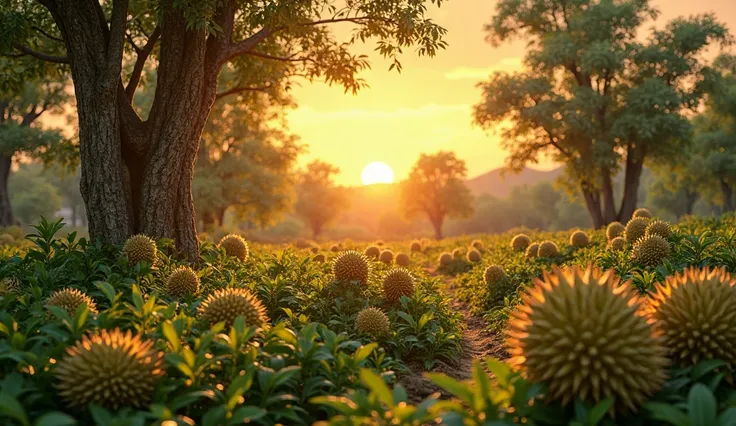 "A vast durian farm in Dak Lak, Vietnam, with lush green trees and ripe durian fruits hanging from branches. The golden sunset b...