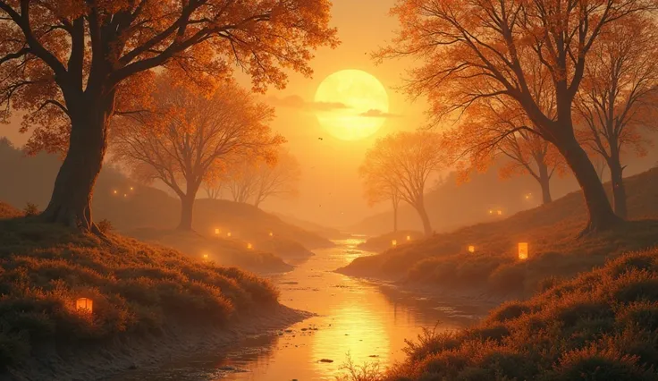 A mystical land bathed in the eternal glow of twilight, where the sun remains frozen on the horizon, casting an endless golden-o...