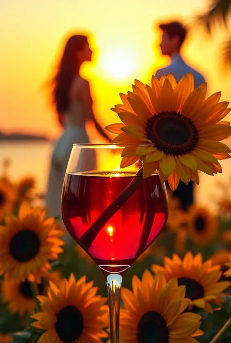 Sunflowers in a glass of red wine in a glass, in the background a couple in love and the girl with beautiful curves and beautifu...