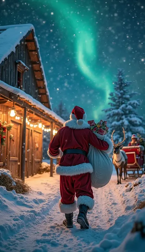 (POV), we see Santa Claus' arms holding a large sack of presents, walking toward his sleigh parked in a stable. The red sleeves ...