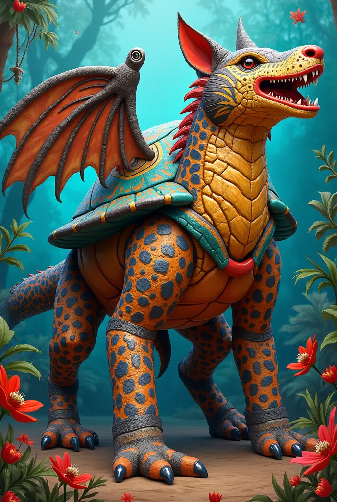 Hello can you help me create an alebrije with the body of a whale, turtle shell, wolf head, dragon wings, with two leopard le...