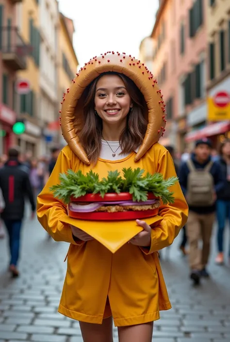 19-year-old girl wearing a botarga or hamburger costume promoting the food