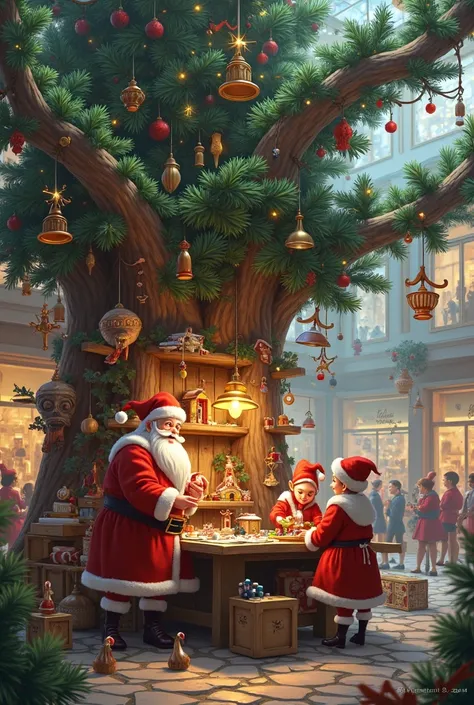 Fantasy Santa Claus toy workshop inside a Christmas tree for a shopping mall