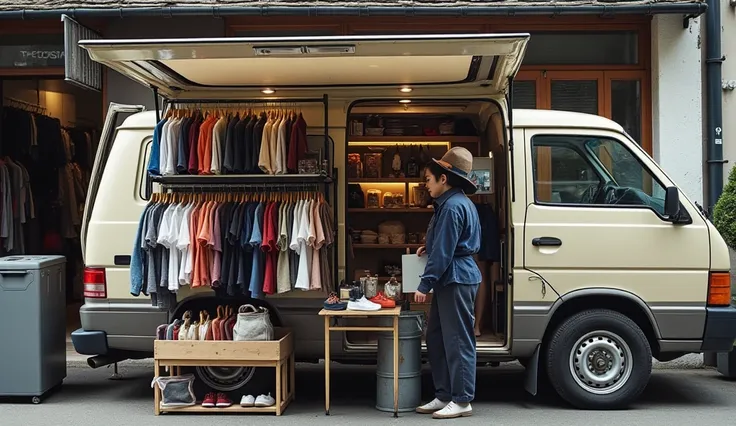 There are many clothing stores selling pants, shirt, T-shirt, screen-printed shirt, There is sophisticated clothing in a wagen...